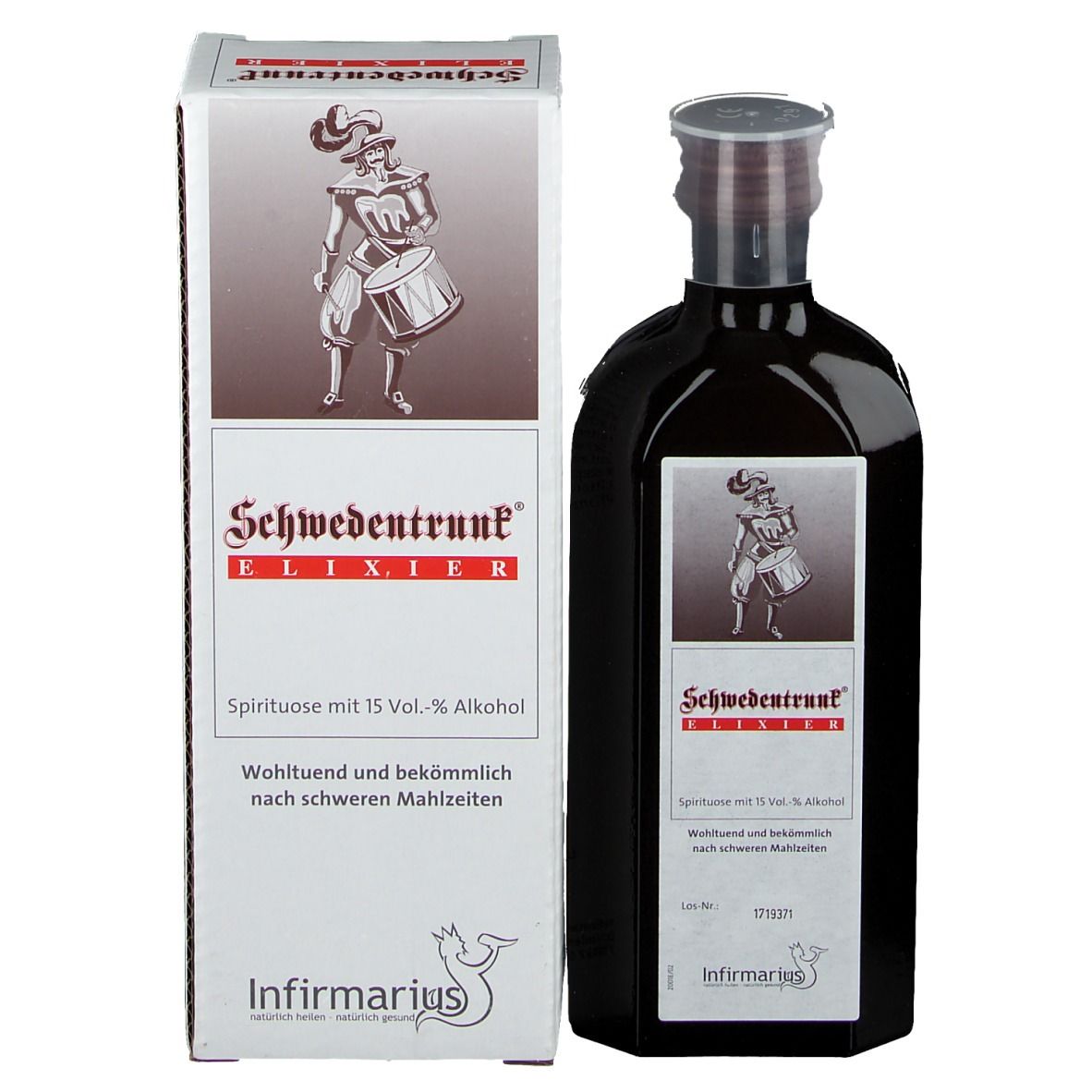 Schwedentrunk Elixier Flasche mit Verpackung. Aufdruck: Schwedentrunk Elixier, 15 Vol.-% Alkohol, Infiirmarius Logo.