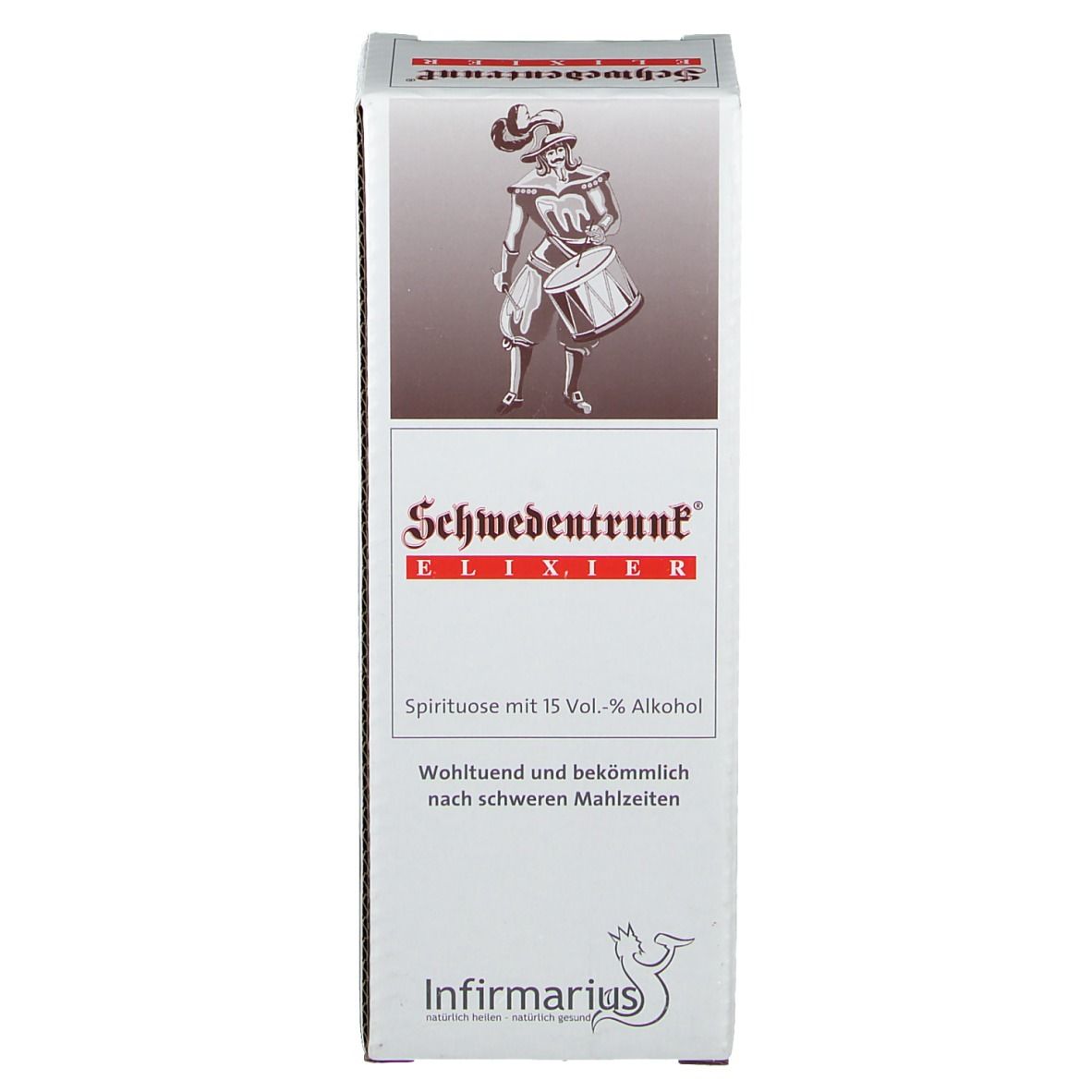 Schwedentrunk Elixier Verpackung. Aufdruck: Schwedentrunk Elixier, 15 Vol.-% Alkohol, Infiirmarius Logo.
