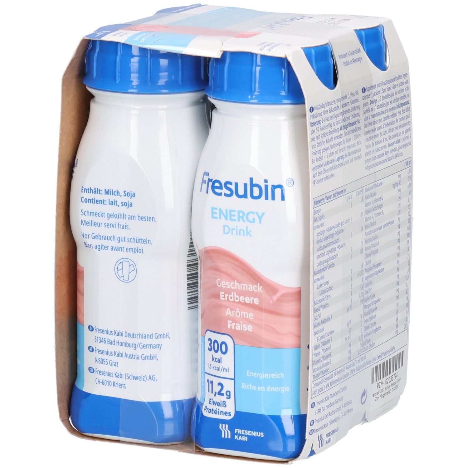 Packung mit vier Flaschen FRESUBIN ENERGY DRINK Erdbeere. Zwei Flaschen sichtbar, blaue Deckel, Etikett mit Text.