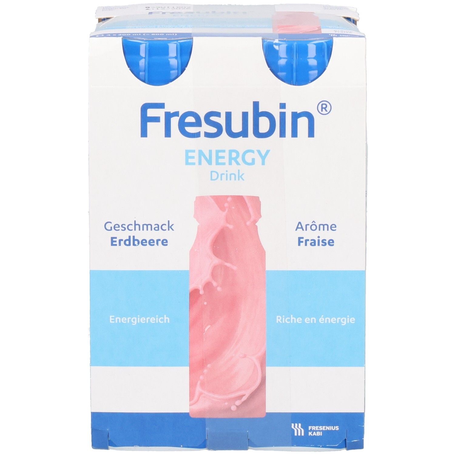 FRESUBIN ENERGY DRINK Erdbeere Flasche. Blaue Kappe, weißes Etikett mit Produktinformationen und Logo.