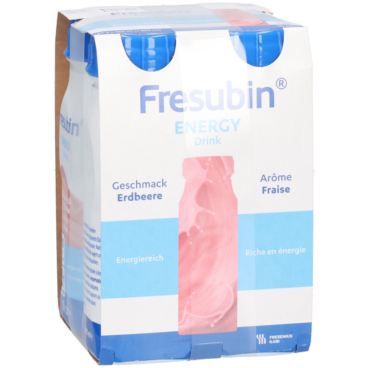 Packung mit vier Flaschen FRESUBIN ENERGY DRINK Erdbeere. Blaue Deckel, weißes Etikett mit Produktinformationen und Logo.