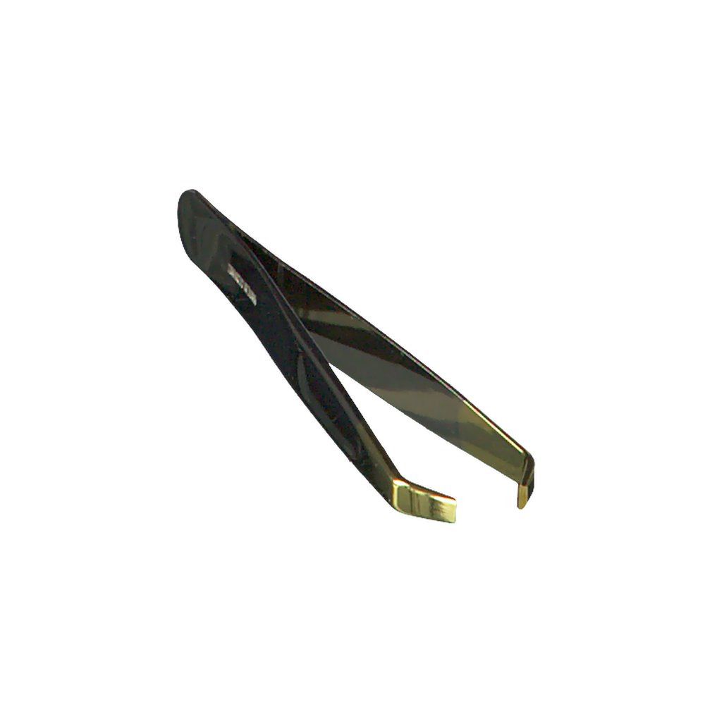 Schräge Pinzette, schwarz. Spitze abgeschrägt. ZWILLING Logo. Metall. Auf weißem Hintergrund.