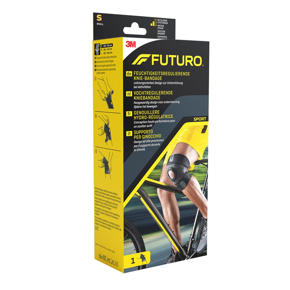 FUTURO Sport Kniebandage, schwarz-grau, auf Verpackung. Größe S. Produktabbildung mit Person auf Fahrrad.