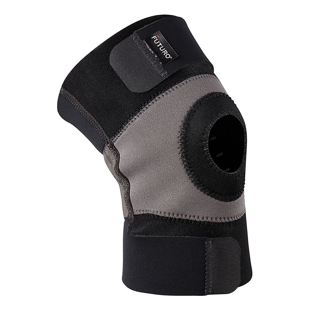 Kniebandage, schwarz-grau, auf weißem Hintergrund. Detailansicht, schräg.