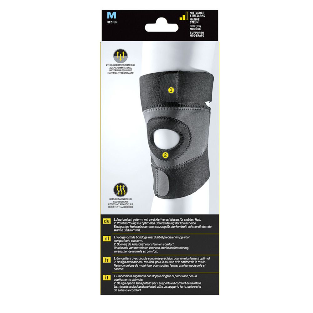 Rückseite der FUTURO™ Sport Knie Bandage. Schwarze und graue Bandage mit Klettverschlüssen und Öffnung für die Kniescheibe.