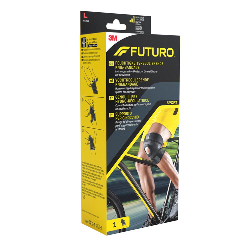 FUTURO Sport Kniebandage auf Verpackung. Produktabbildung mit Radfahrer. Verpackung mit Produktinformationen.