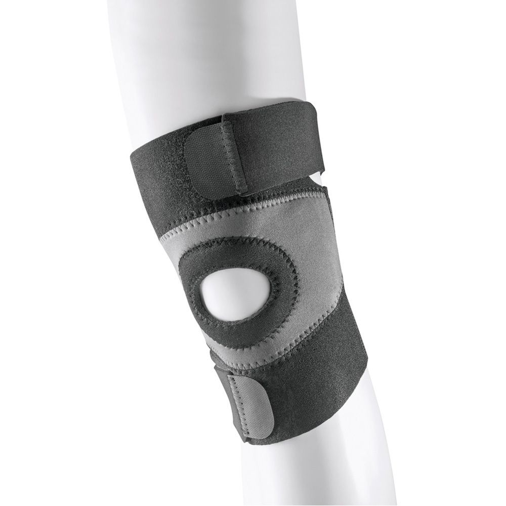 Graue und schwarze Kniebandage. Bandage mit Knieöffnung. Klettverschlüsse zur Befestigung.