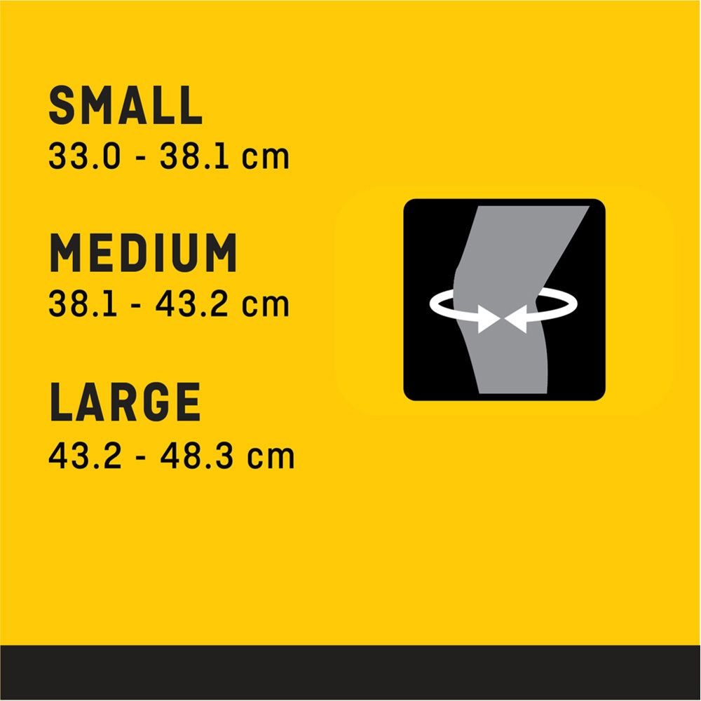 Größentabelle für Kniebandagen. Größen: Small, Medium, Large. Maßangaben in cm.