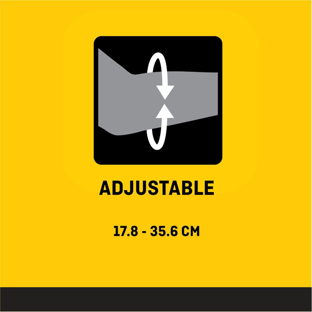 Gelber Hintergrund mit weißem Text. Text: ADJUSTABLE, 17.8 - 35.6 CM. Abbildung eines Arms mit Pfeilen.