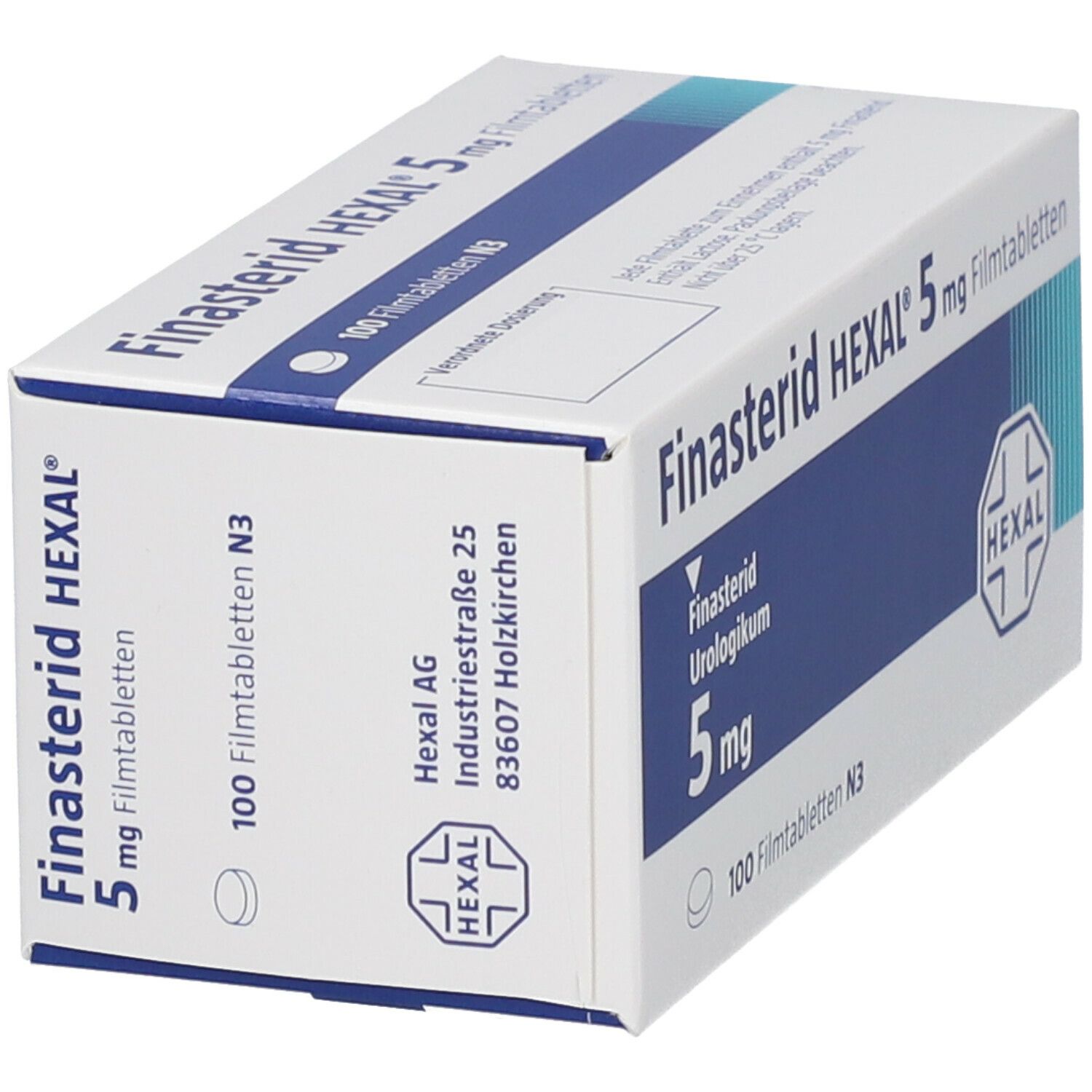 Schachtel Finasterid Hexal 5 mg Filmtabletten, schräg. Blaue und weiße Verpackung mit Produktnamen, Dosierung und Logo.