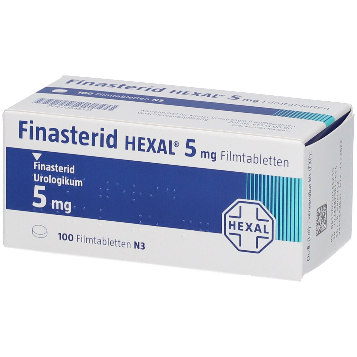 Schachtel Finasterid Hexal 5 mg Filmtabletten. Blaue und weiße Verpackung mit Produktnamen, Dosierung und Logo.