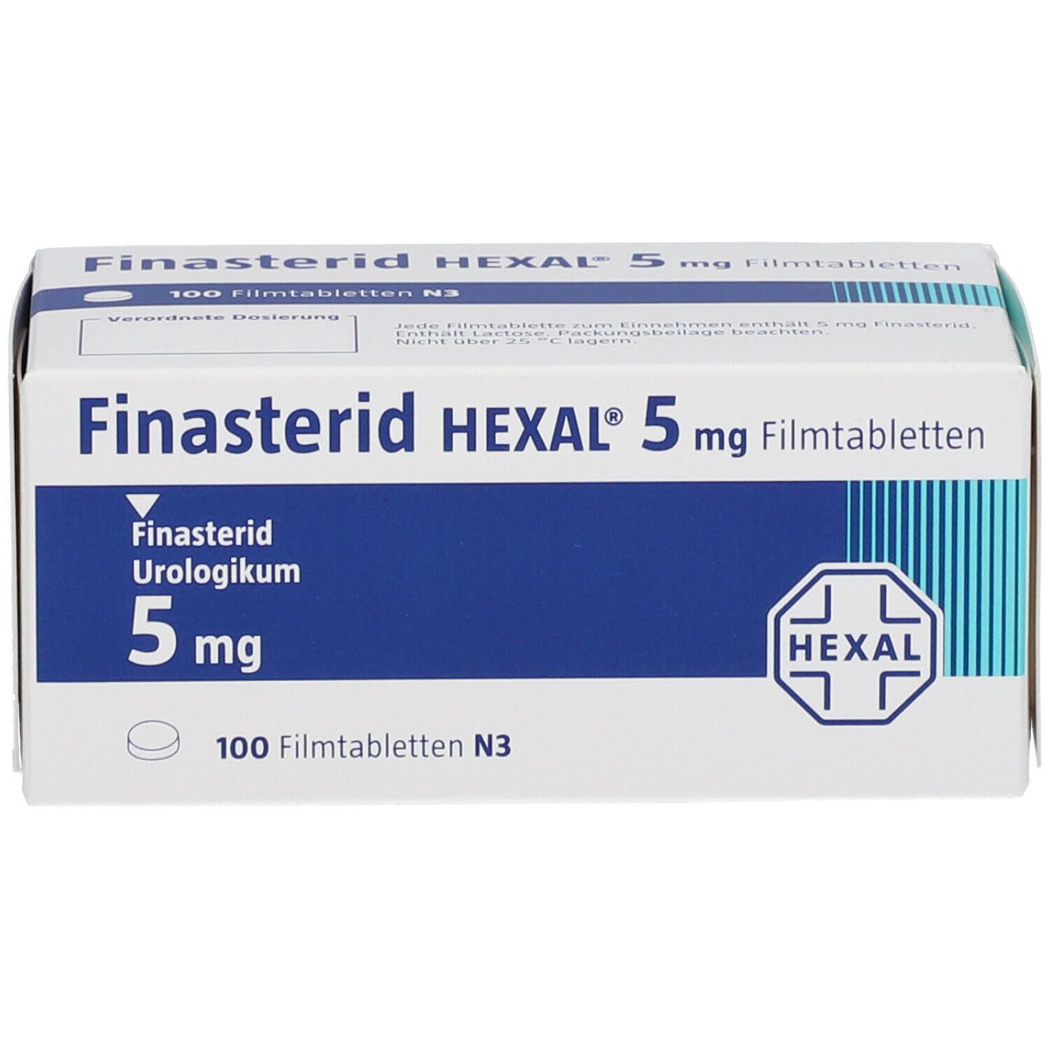 Schachtel Finasterid Hexal 5 mg Filmtabletten. Blaue und weiße Verpackung mit Produktnamen, Dosierung und Logo.