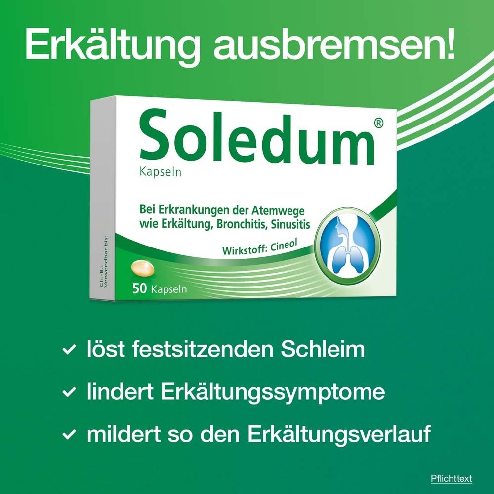 Schachtel Soledum® Kapseln. Text: Bei Erkältung, Bronchitis, Sinusitis. 50 Kapseln. Text: Erkältung ausbremsen!
