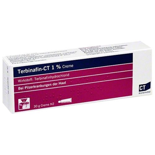 Schachtel mit Terbinafin-CT 1 % Creme. Aufschrift: Wirkstoff Terbinafinhydrochlorid, Bei Pilzerkrankungen der Haut. 30 g Creme N2.
