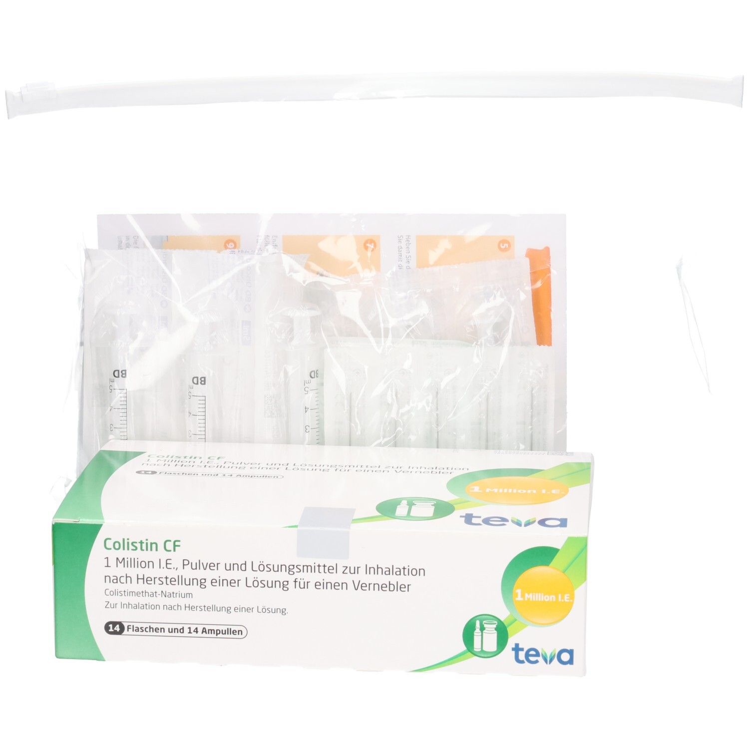 Colistin CF Flasche: Pulver und Lösungsmittel zur Inhalation, 14 Flaschen und 14 Ampullen, Teva.