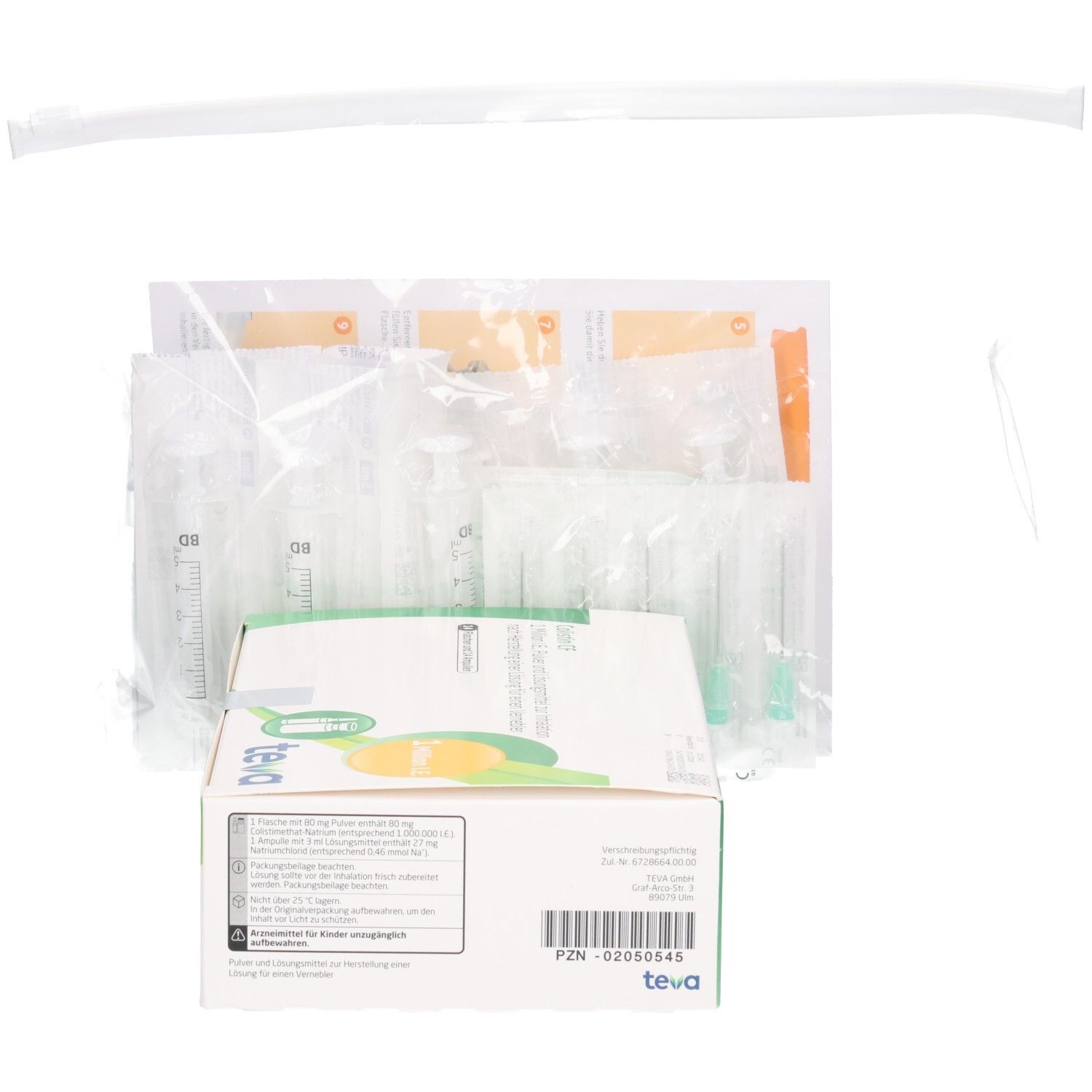 Colistin CF Flasche: Pulver und Lösungsmittel zur Inhalation, 14 Flaschen und 14 Ampullen, Teva, PZN 02050545.