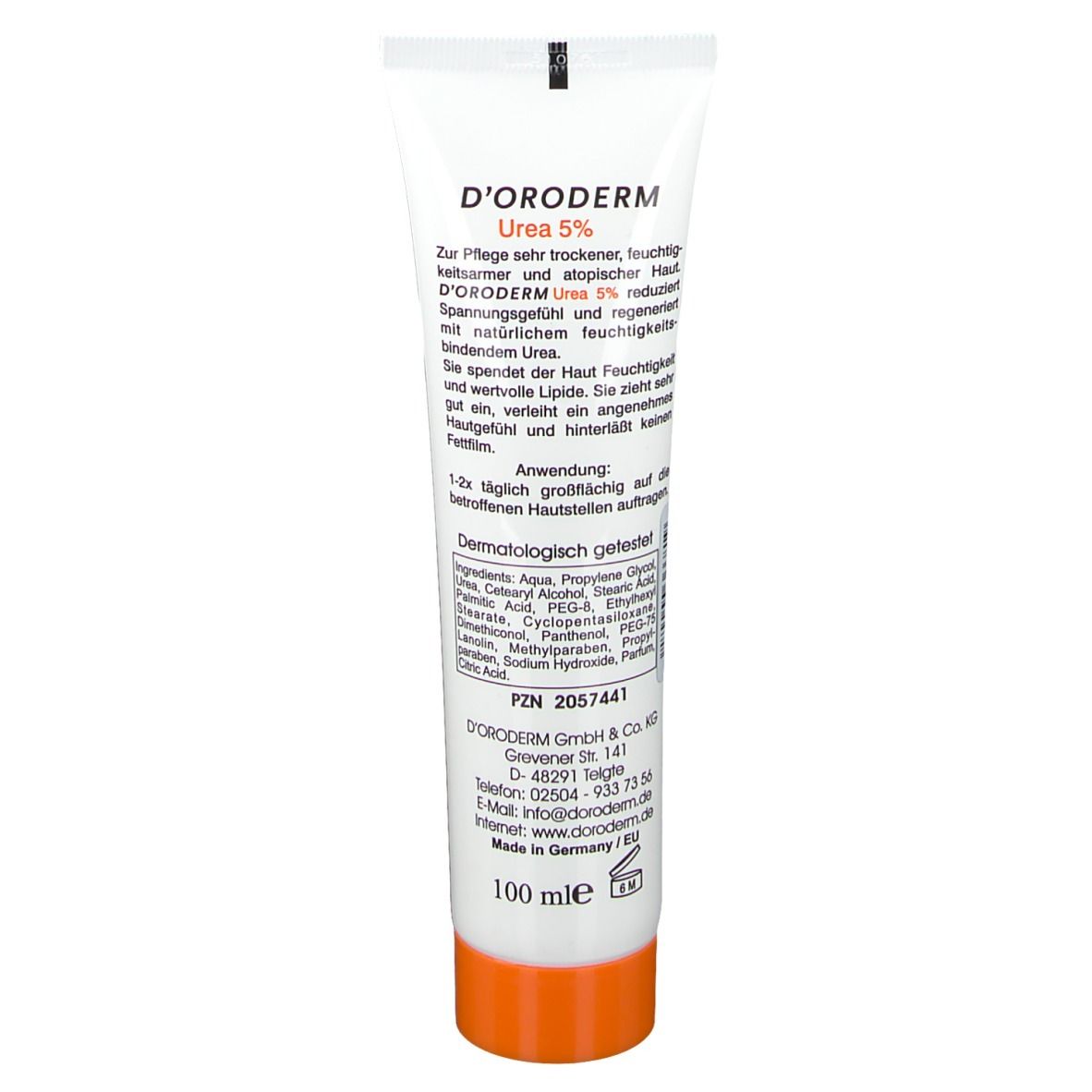 Weiße Tube mit orangefarbenem Verschluss. Aufschrift: D'ORODERM, Urea 5%, 100 ml. Text zur Anwendung und Inhaltsstoffe.