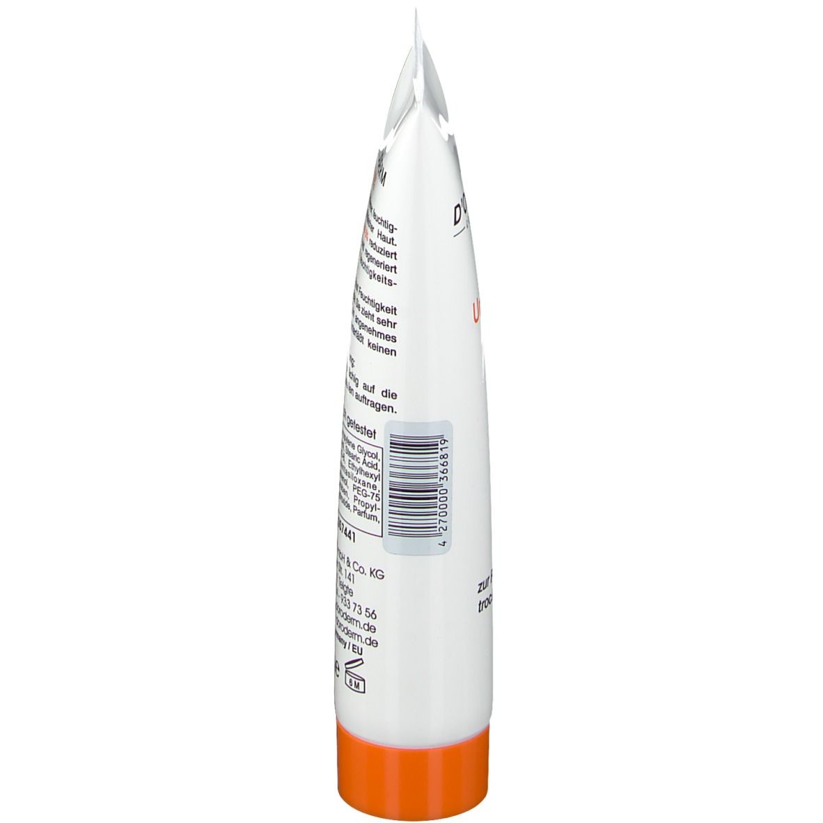Seitenansicht der Tube. Text: D'ORODERM, Urea 5%. Barcode und Informationen. Oranger Verschluss.