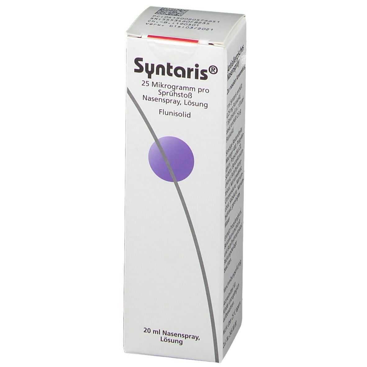 Weiße Schachtel mit Syntaris Nasenspray. Aufschrift: 25 Mikrogramm pro Sprühstoß, Flunisolid. 20 ml Nasenspray, Lösung. Lila Kreis.