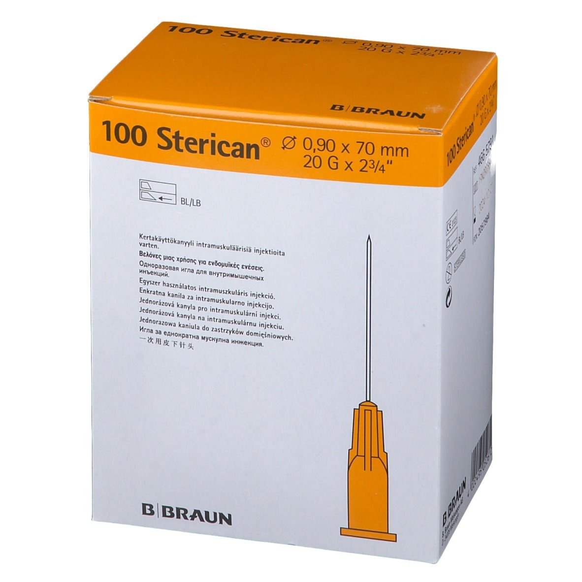Packung mit 100 Sterican® Injektionskanülen. Gelbe Kanüle, 0,90 x 70 mm, 20 G x 2 3/4 Zoll. B. Braun Logo. Mehrsprachiger Text.