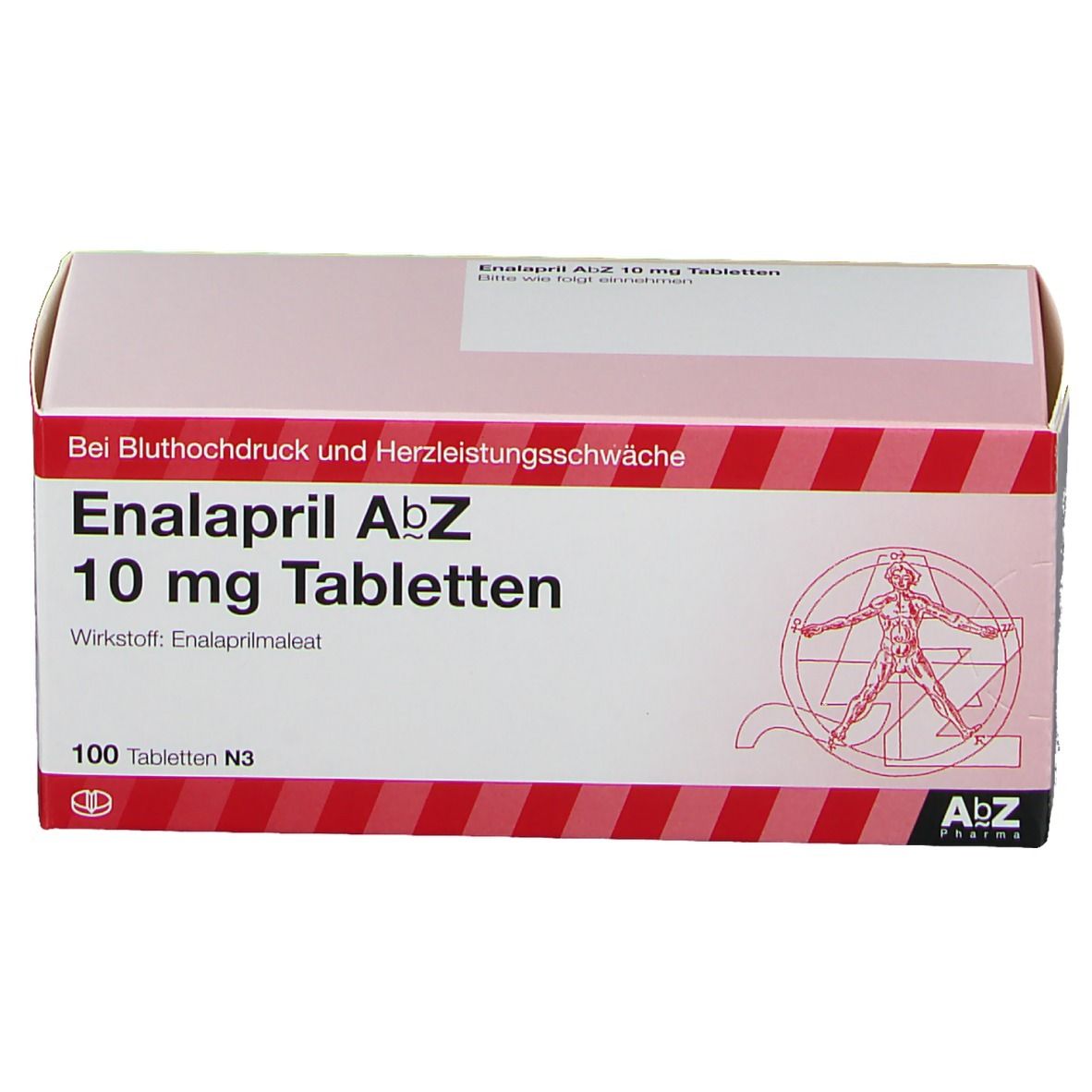 Schachtel mit Enalapril AbZ 10 mg Tabletten. Rote Streifen, Text: Bei Bluthochdruck und Herzleistungsschwäche. 100 Tabletten.