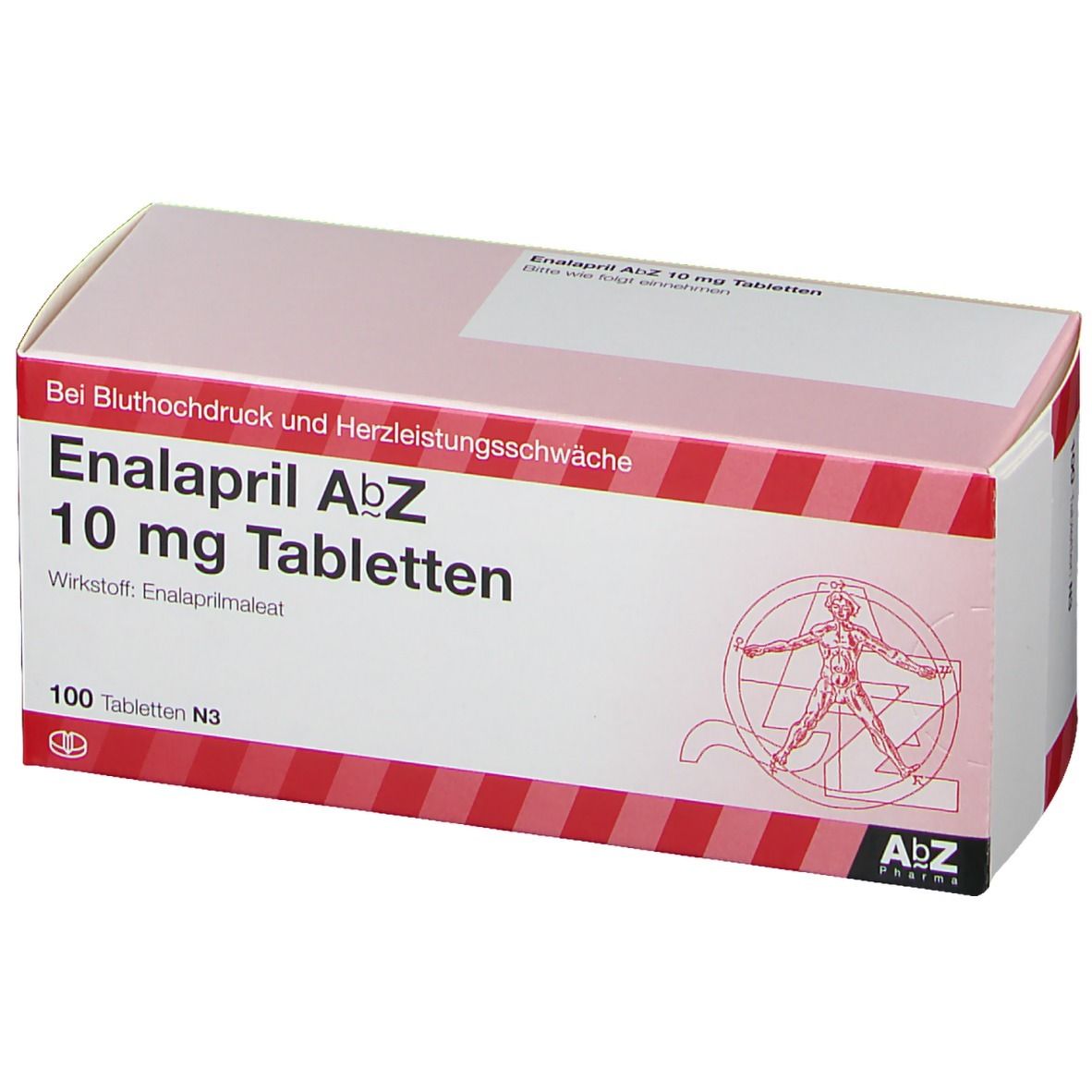 Schachtel mit Enalapril AbZ 10 mg Tabletten. Rote Streifen, Text: Bei Bluthochdruck und Herzleistungsschwäche. 100 Tabletten.
