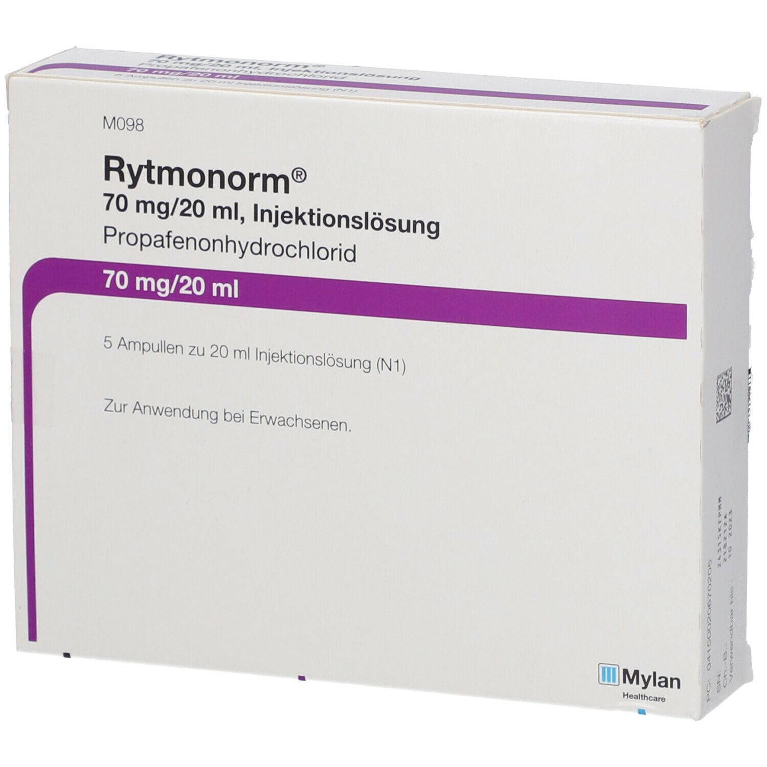 Verpackung von Rytmonorm Inj.-Loesung. Weißer Karton mit lila Streifen und Schriftzug. Enthält 5 Ampullen.