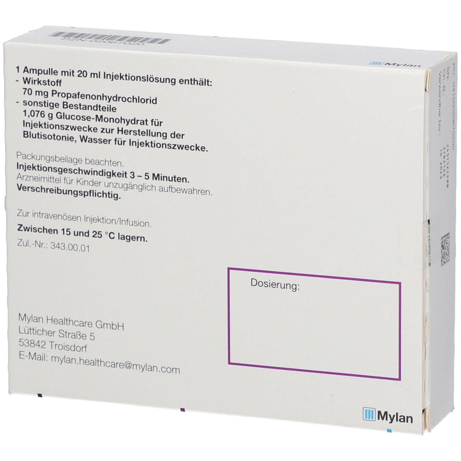 Rückseite der Rytmonorm Inj.-Loesung Verpackung. Enthält Informationen zu Inhaltsstoffen und Dosierung. Weißer Karton.