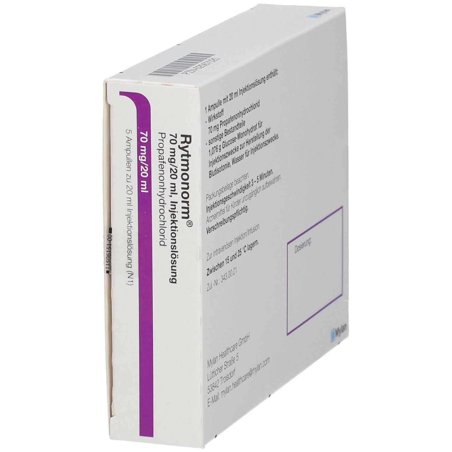 Rytmonorm Inj.-Loesung Verpackung, schräg. Rückseite mit Inhaltsstoffen und Dosierung. Weißer Karton.