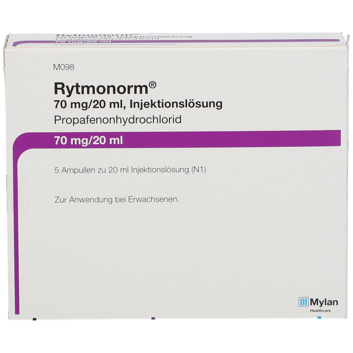 Rytmonorm Inj.-Loesung Verpackung. Weißer Karton mit lila Streifen und Schriftzug. Enthält 5 Ampullen.