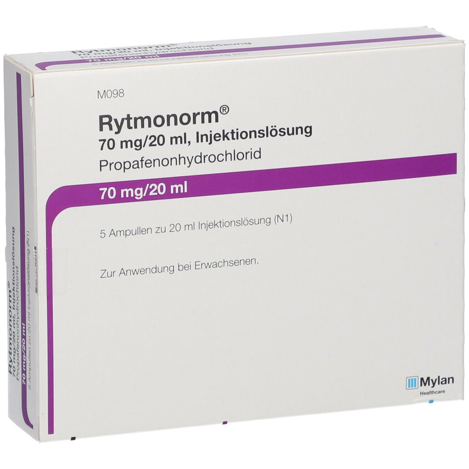 Rytmonorm Inj.-Loesung Verpackung. Weißer Karton mit lila Streifen und Schriftzug. Enthält 5 Ampullen.