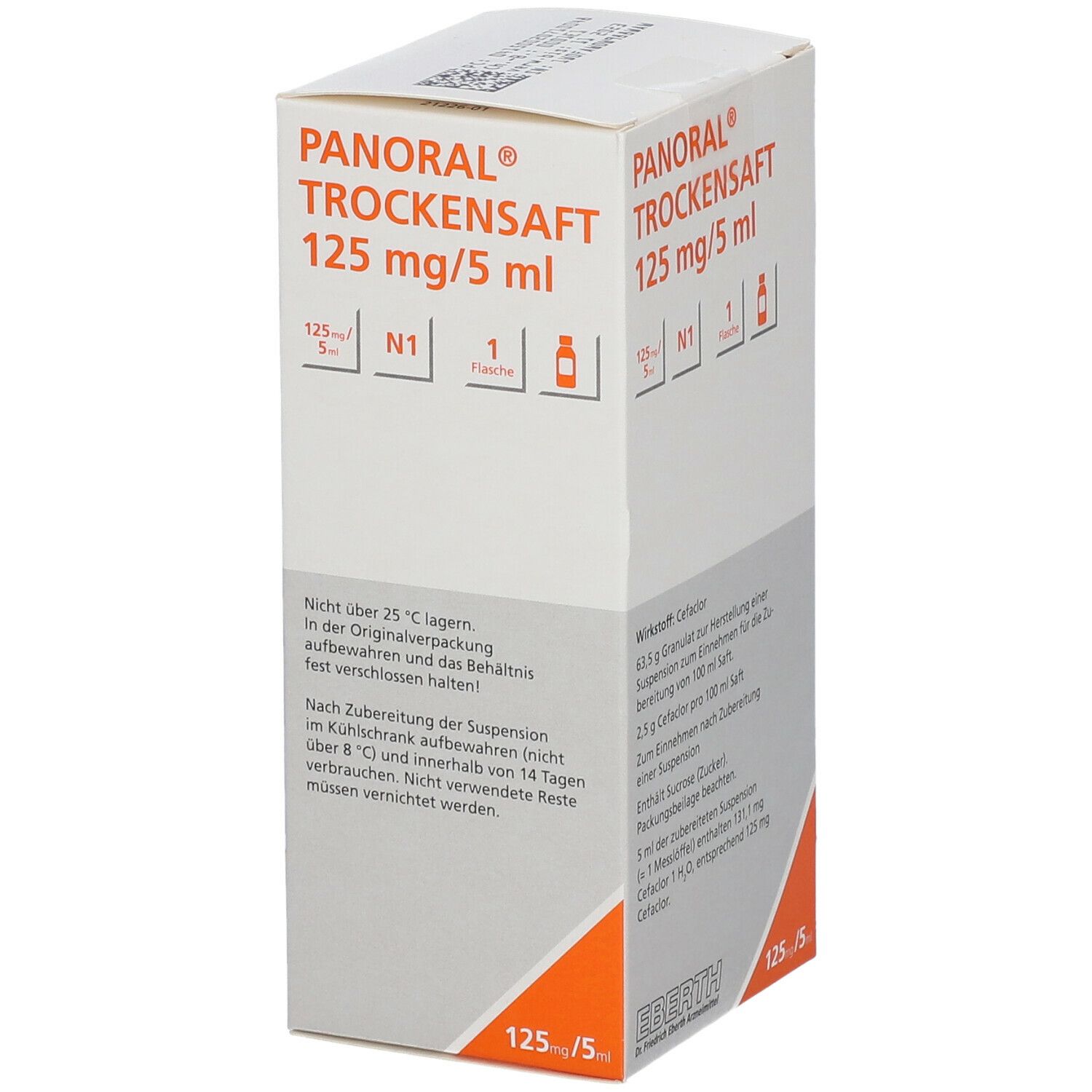 Verpackung von PANORAL Trockensaft 125 mg/5 ml. Weißer Karton mit Produktinformationen. Orangefarbene Akzente.