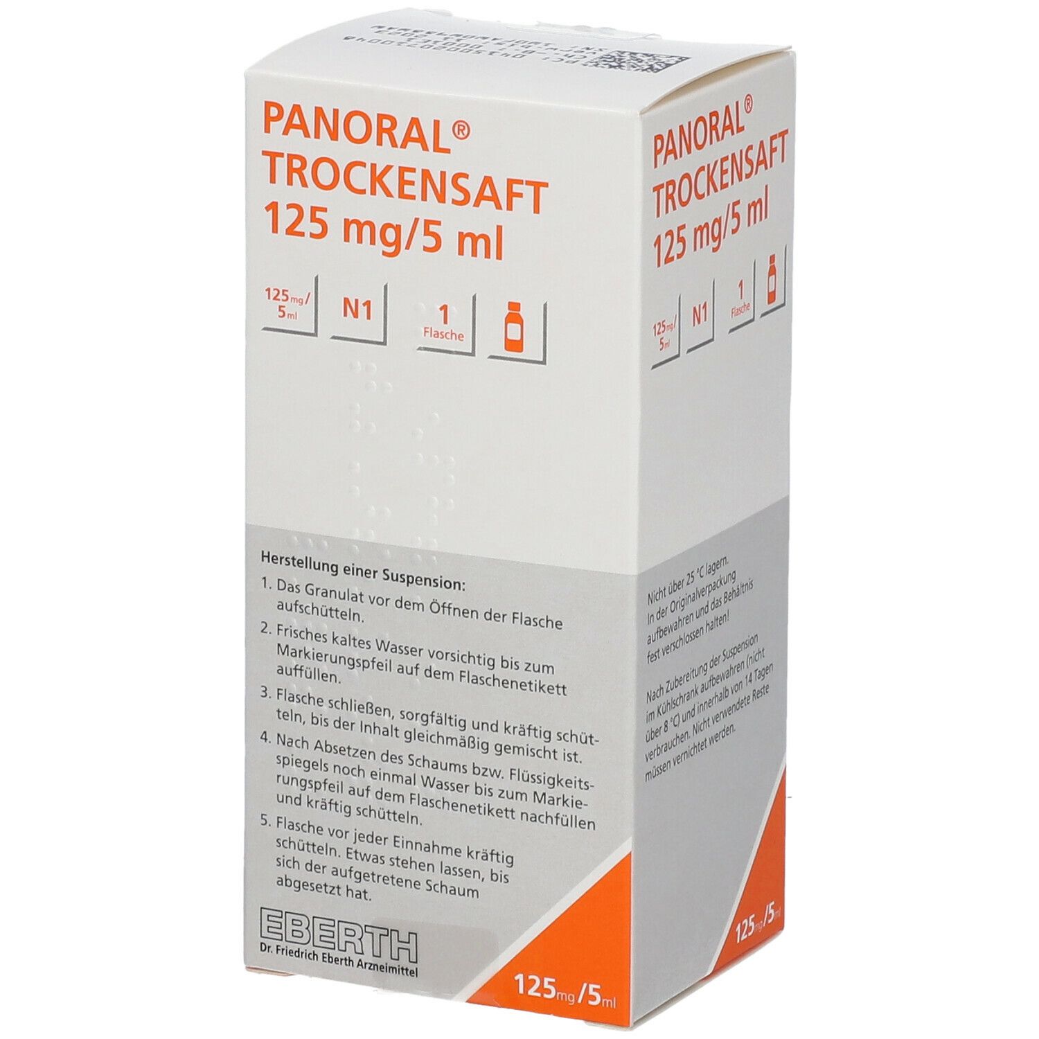 Verpackung von PANORAL Trockensaft 125 mg/5 ml. Weißer Karton mit Produktinformationen und Zubereitungshinweisen. Orangefarbene Akzente.