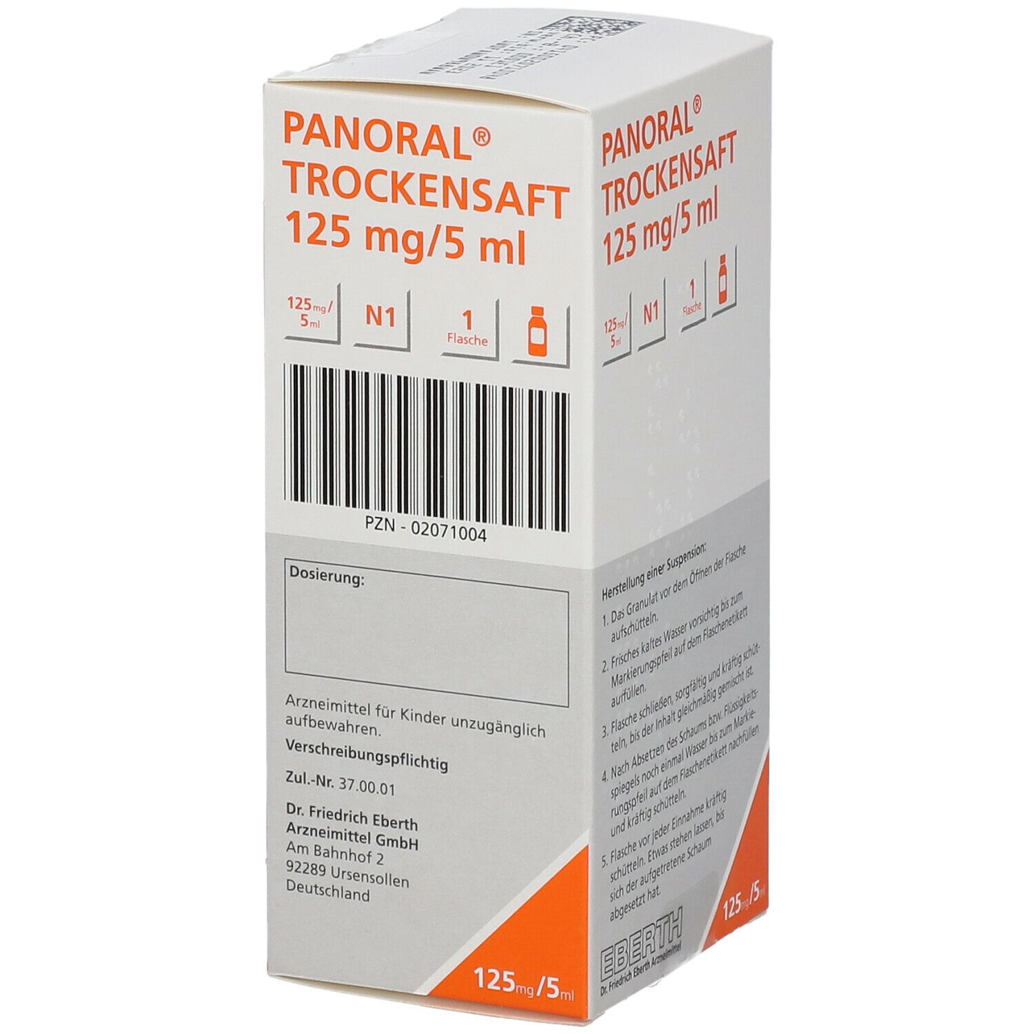 Verpackung von PANORAL Trockensaft 125 mg/5 ml. Weißer Karton mit Produktinformationen und Barcode. Orangefarbene Akzente.