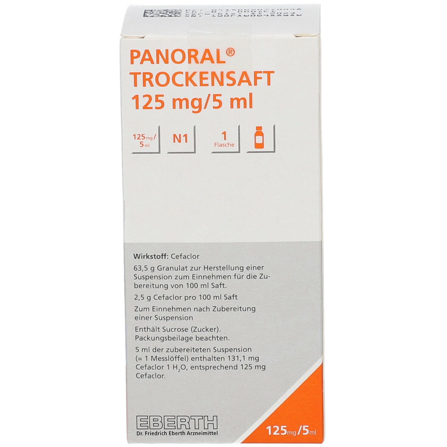 Verpackung von PANORAL Trockensaft 125 mg/5 ml. Weißer Karton mit Produktinformationen. Orangefarbene Akzente.