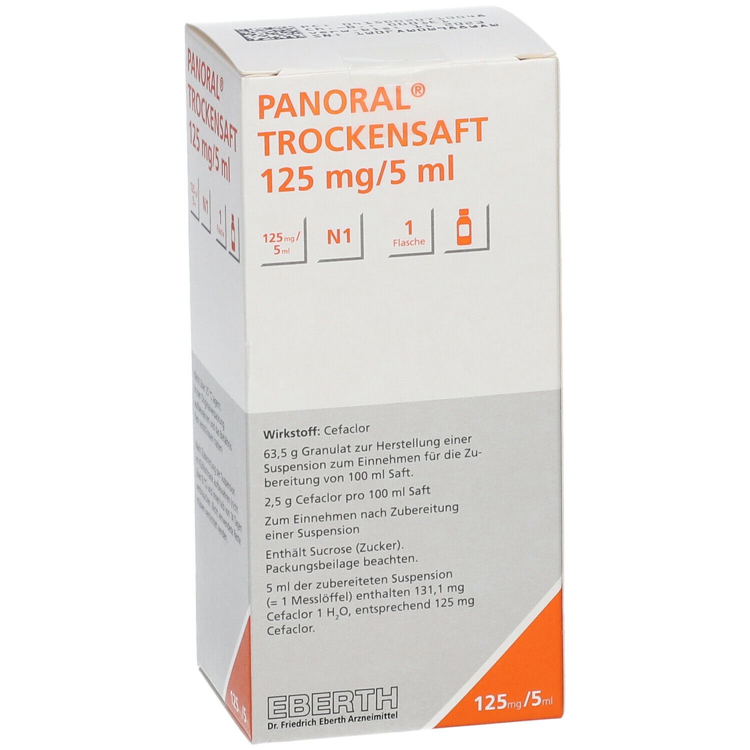 Verpackung von PANORAL Trockensaft 125 mg/5 ml. Weißer Karton mit Produktinformationen. Orangefarbene Akzente.