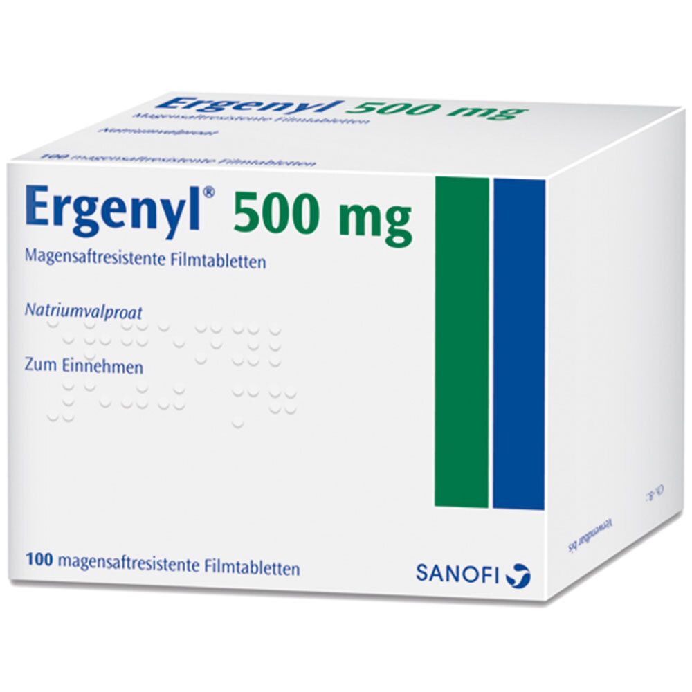 Weiße Schachtel mit grüner und blauer Markierung. Aufschrift: Ergenyl 500 mg, magensaftresistente Filmtabletten.
