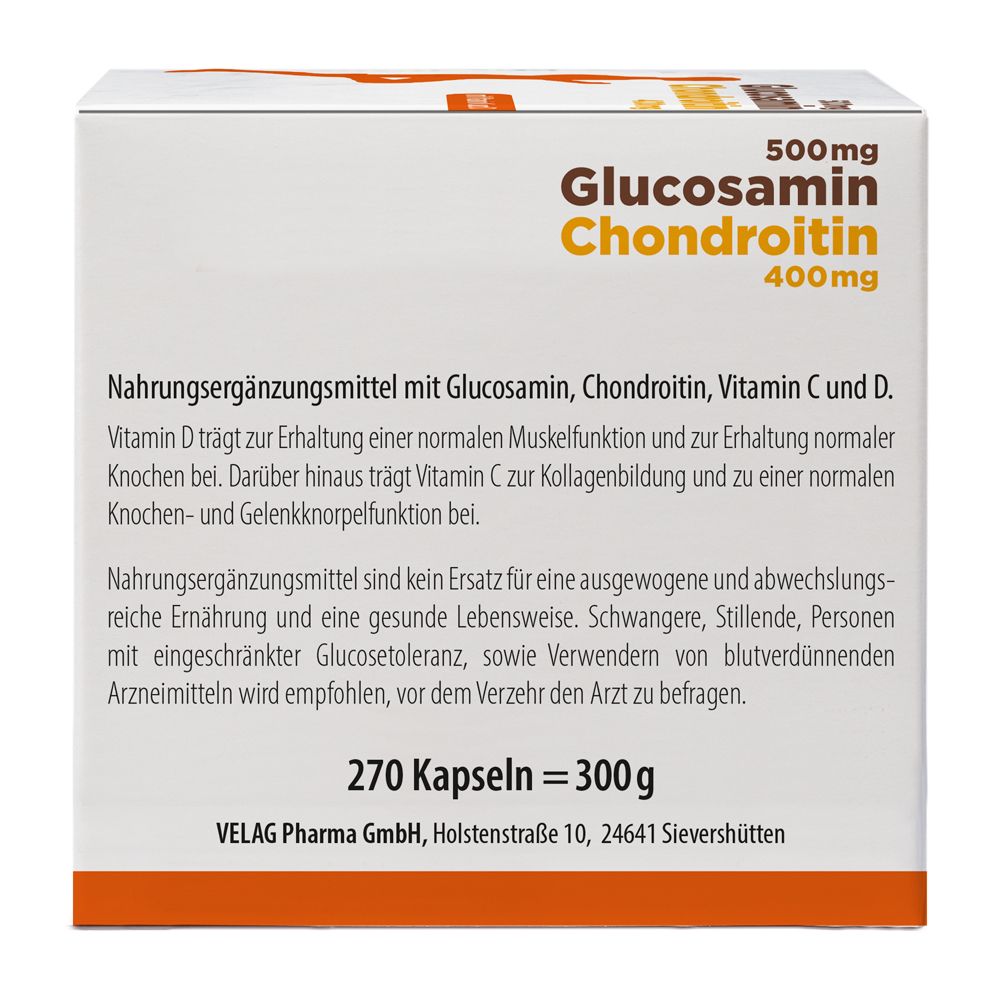 Seitenansicht der Verpackung mit Produktinformationen zu Glucosamin, Chondroitin, Vitamin C und D.