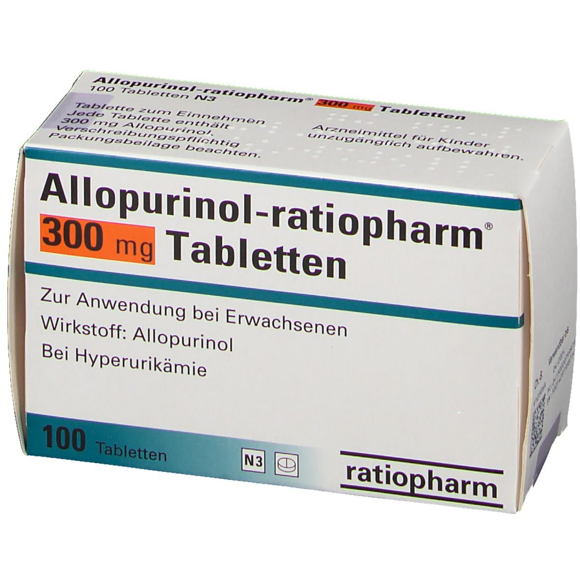 Schachtel Allopurinol-ratiopharm® 300 mg Tabletten. Aufdruck: 100 Tabletten, ratiopharm, 300 mg. Weiße Schachtel mit blauer und oranger Schrift.
