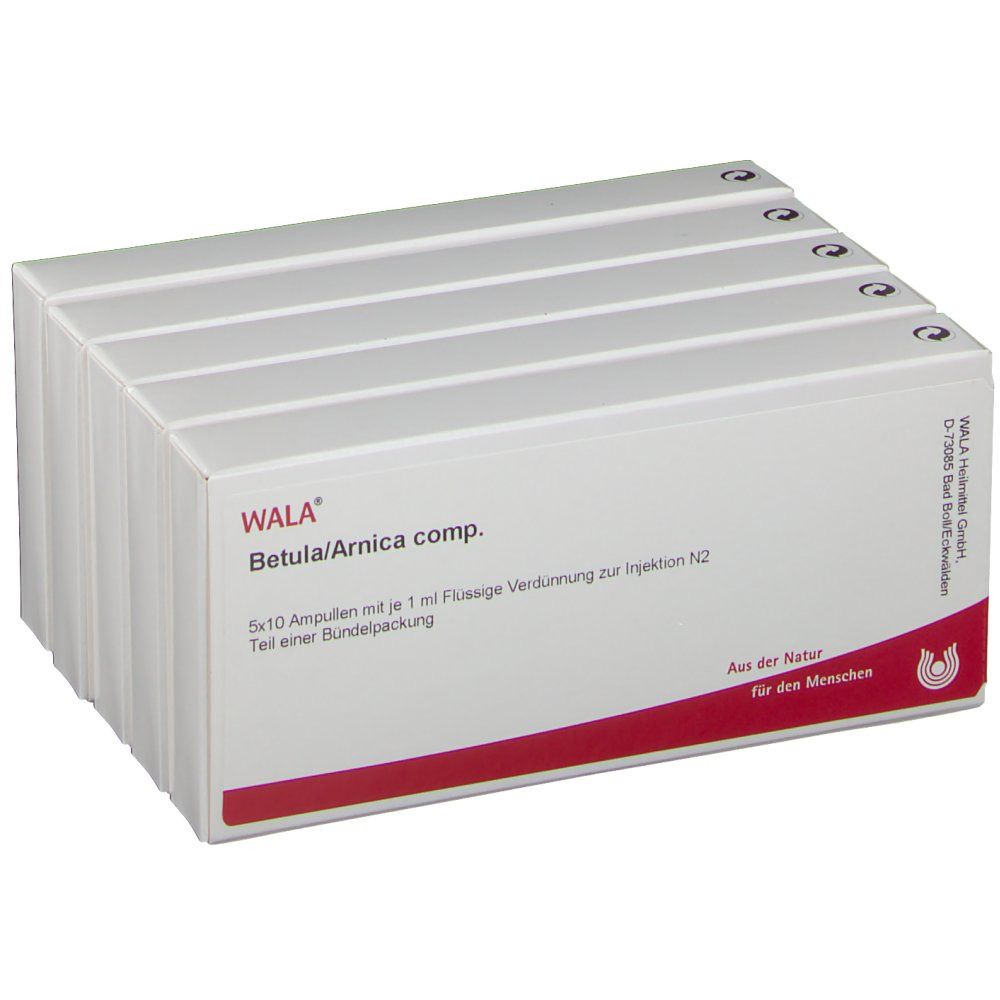 Weiße Kartonverpackung mit rotem Streifen. Beschriftung: WALA Betula/Arnica comp. 5x10 Ampullen. Aus der Natur für den Menschen.