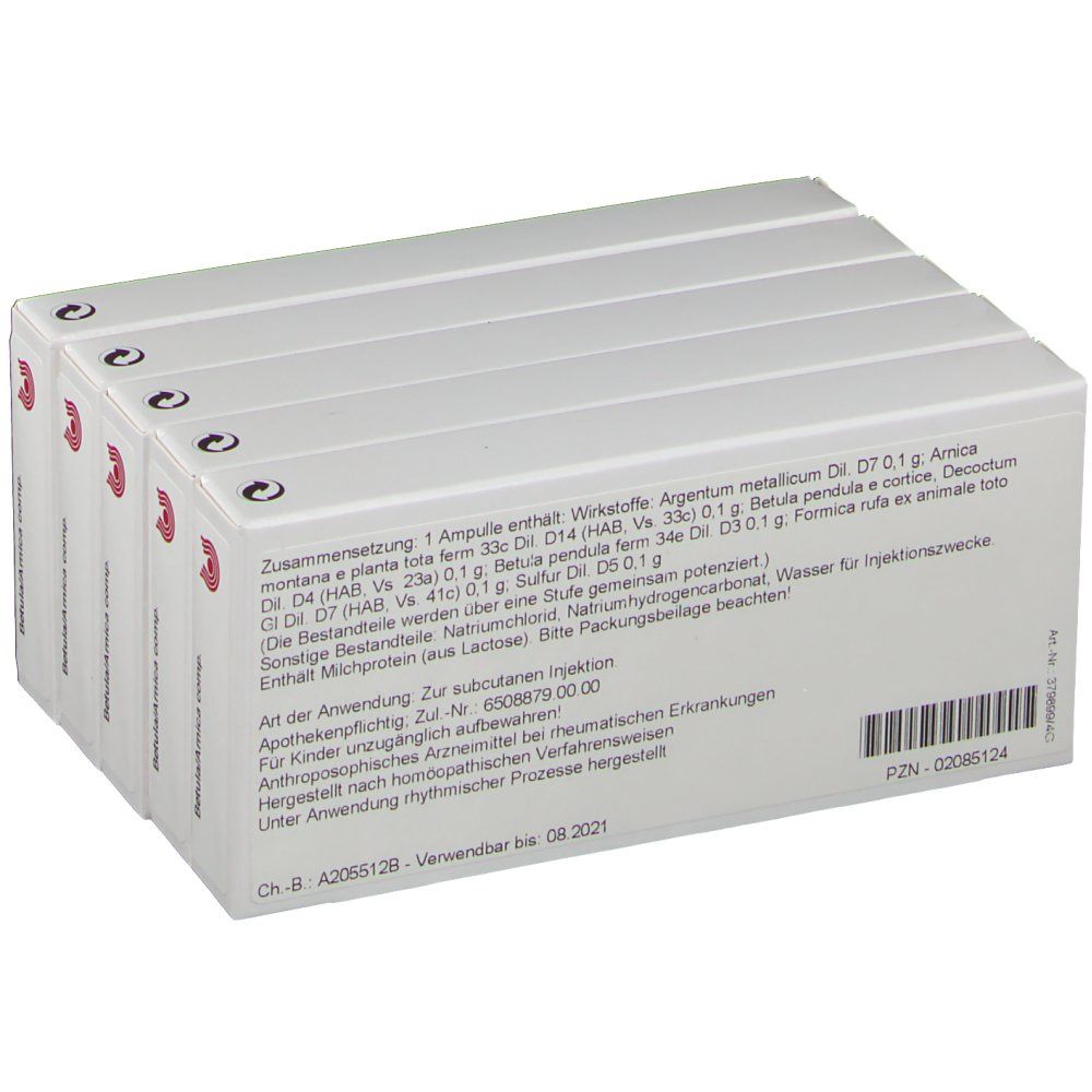 Rückseite der weißen Kartonverpackung. Text mit Inhaltsstoffen und Anwendungshinweisen. Barcode und PZN-Nummer.