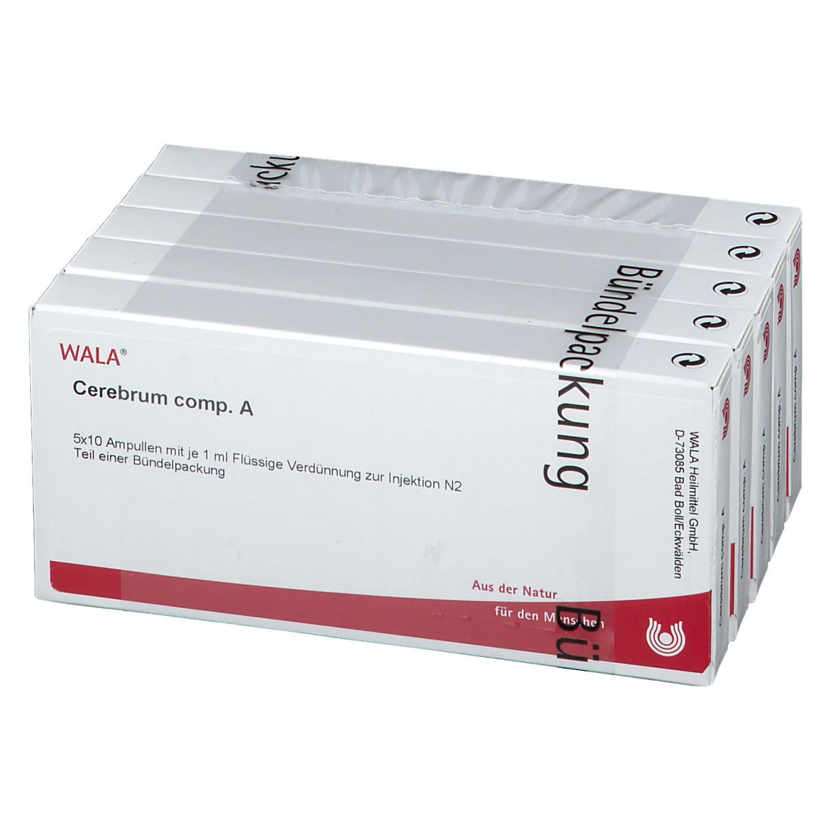 WALA Cerebrum comp. A Ampullen-Packung. Weiße Schachtel mit roter Schrift. Aufschrift: Bündelpackung.