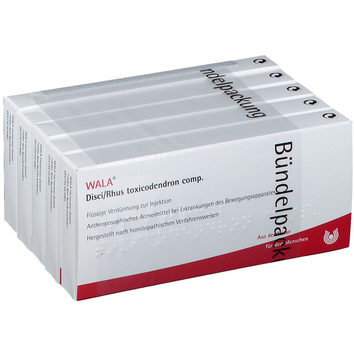 WALA® Disci/Rhus Tox. comp. Amp. Packung. Weißer Karton mit roter Schrift und Logo. Aufschrift: Bündelpackung.