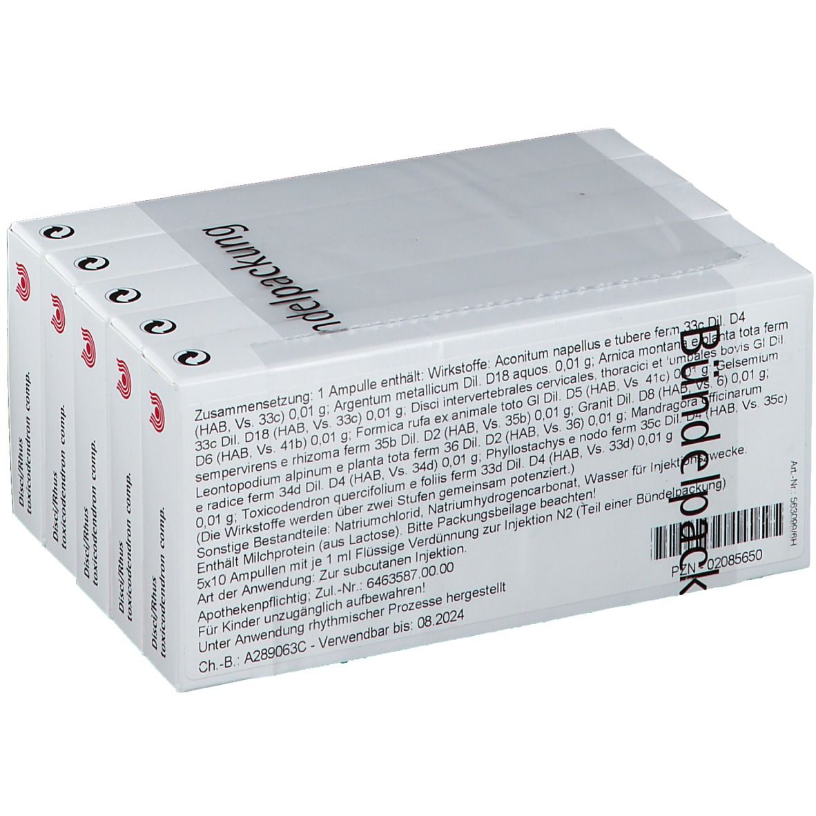 Rückseite der WALA® Disci/Rhus Tox. comp. Amp. Packung. Enthält Inhaltsstoffe und weitere Informationen. Aufschrift: Bündelpackung.