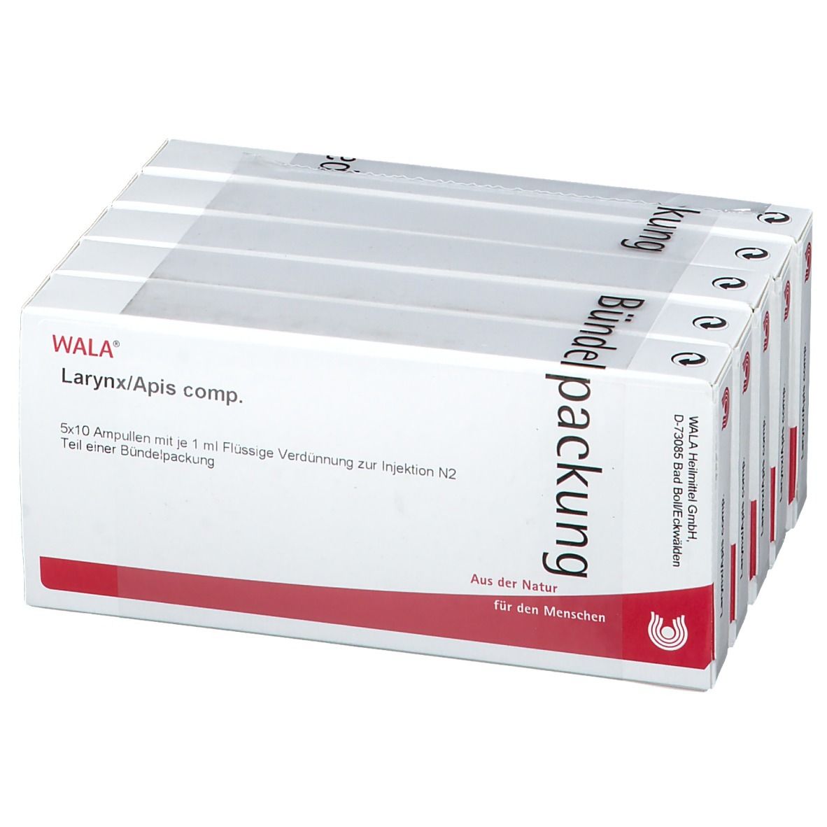 WALA® Larynx/Apis comp. Packung. Weiße Schachtel mit roter Schrift. Enthält Ampullen. Aufschrift: Bündelpackung.