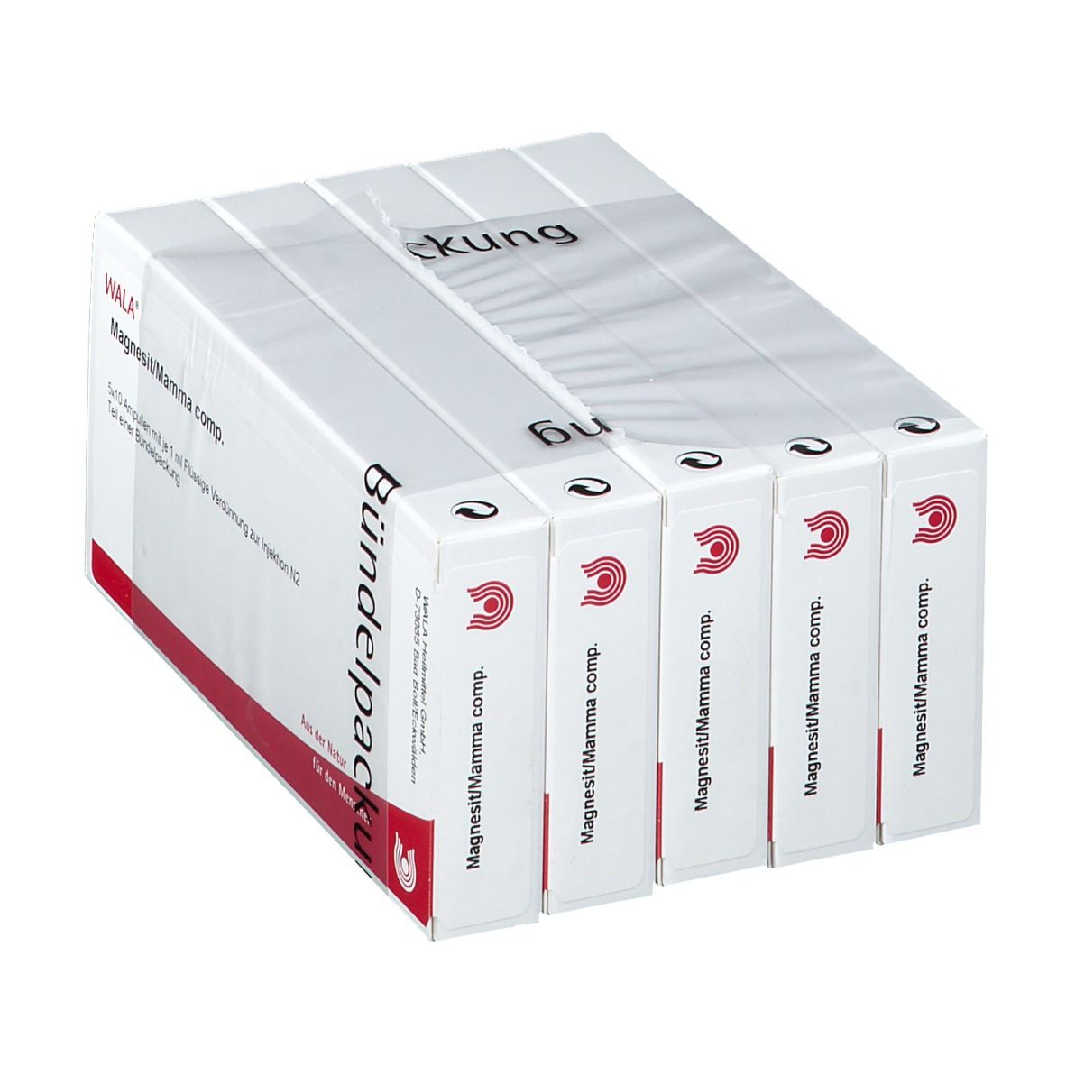 WALA® Magnesit/Mamma comp. Ampullen, 5x10, in weißer Verpackung. Rote Akzente und Schriftzug.