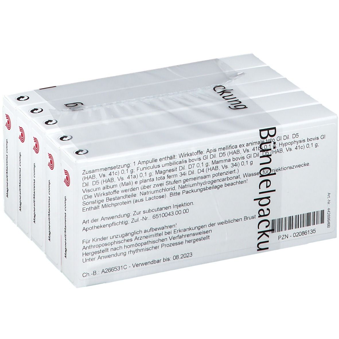 WALA® Magnesit/Mamma comp. Ampullen, 5x10, in weißer Verpackung. Rote Akzente und Schriftzug.