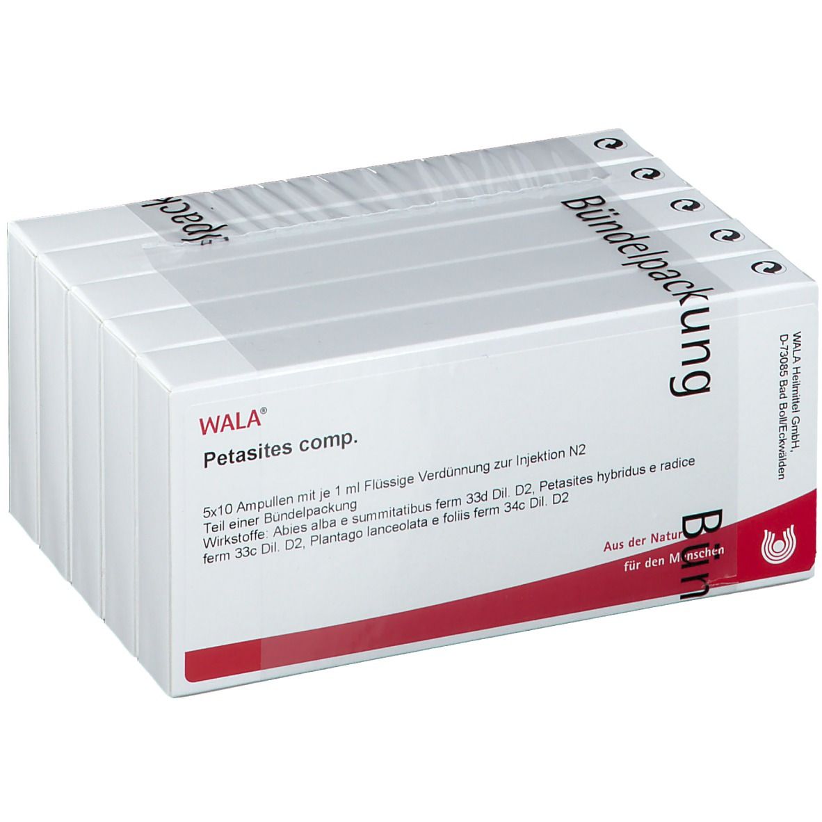 Verpackung mit Ampullen. Aufschrift: Wala Petasites comp. Bündelpackung. Rote und weiße Verpackung.