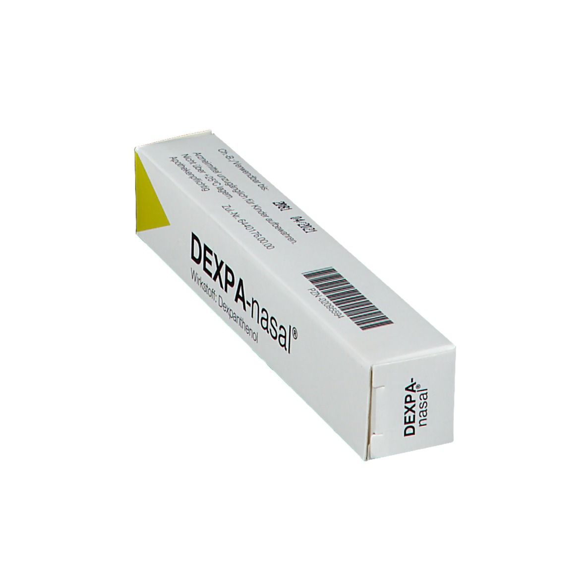 Schachtel Dexpa-nasal, weiß mit gelbem Akzent. Aufschrift und Barcode sichtbar. Perspektivische Ansicht.