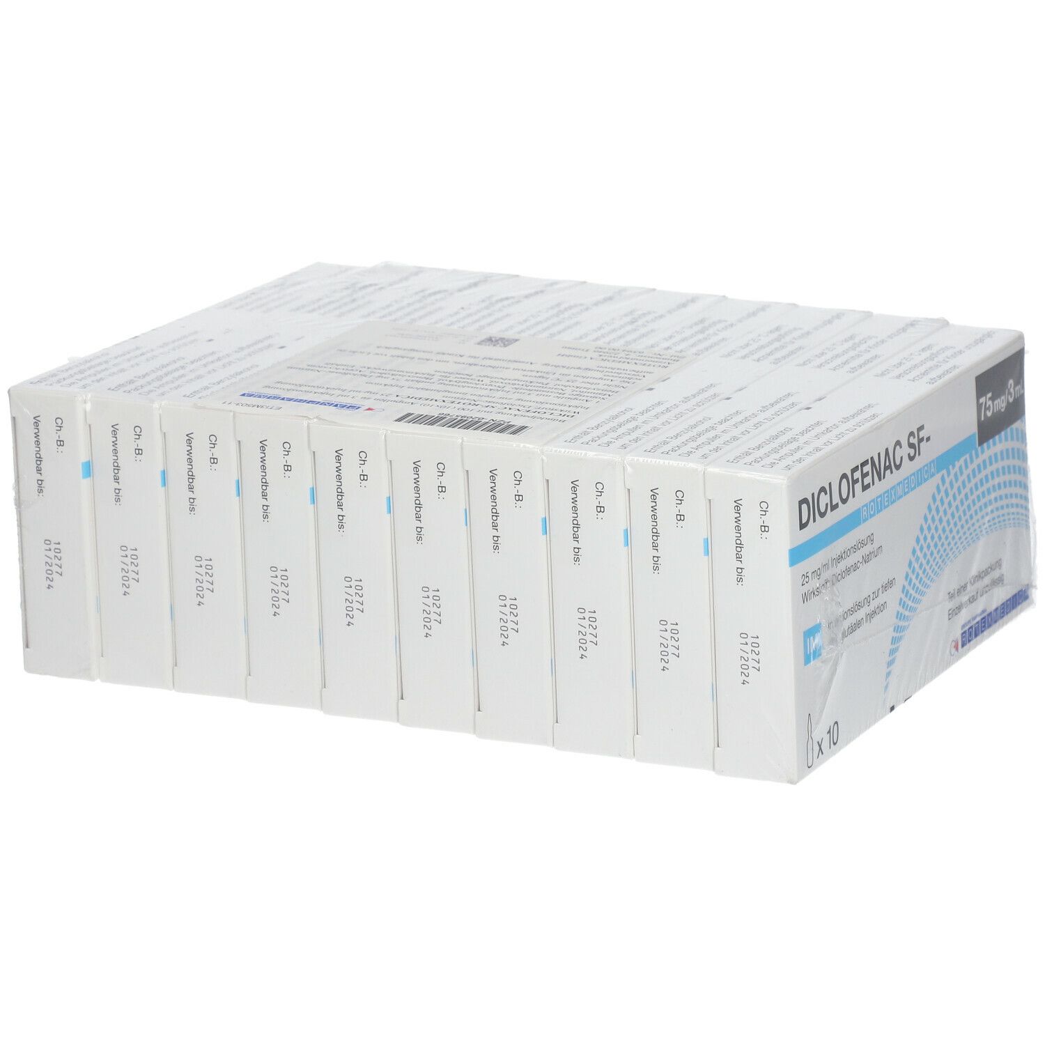 Klinikpackung Diclofenac SF Rotexmedica. 10 Ampullen, 75mg/3ml. Verpackung mit Produktname und Dosierung.